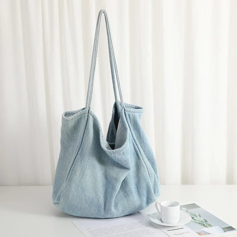European Vintage Denim Tote Large Capacity Handbag