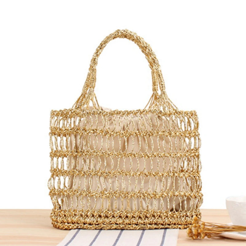 Silver Thread Hollow Crocheted Bag Beach Straw Bag