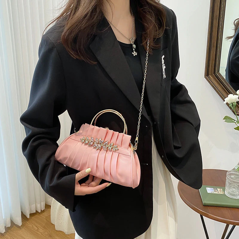 Vintage Pleated Shoulder Bag Diamond Clutch