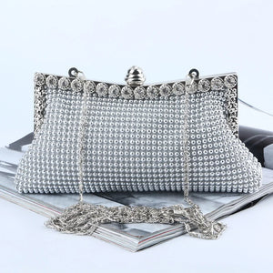 Glitter Bead Evening Clutch Bag Vintage Bridal Purse Silver Handbag