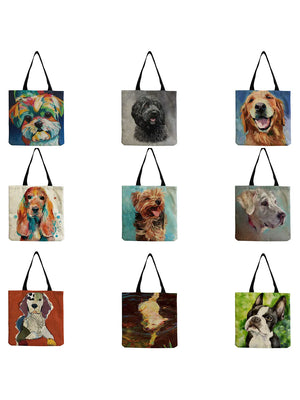 Oil Painting Dog Print Shopping Bag Papillon Pug Retriever