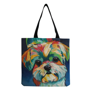 Oil Painting Dog Print Shopping Bag Pug Retriever Shoulder Handbag