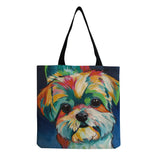 Oil Painting Dog Print Shopping Bag Pug Retriever Shoulder Handbag