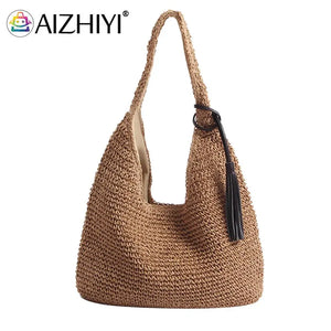 Boho Straw Shoulder Bag Large Capacity Women Hand-woven Summer Vacation Tote