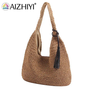Boho Straw Shoulder Bag Large Capacity Women Hand-woven Summer Vacation Tote