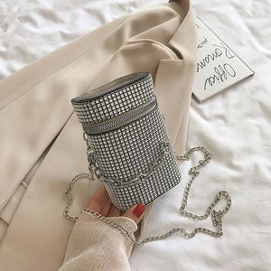Rhinestone Shoulder Bag Cylinder Bucket PU Leather Handbag
