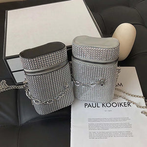 Rhinestone Shoulder Bag Cylinder Bucket PU Leather Handbag