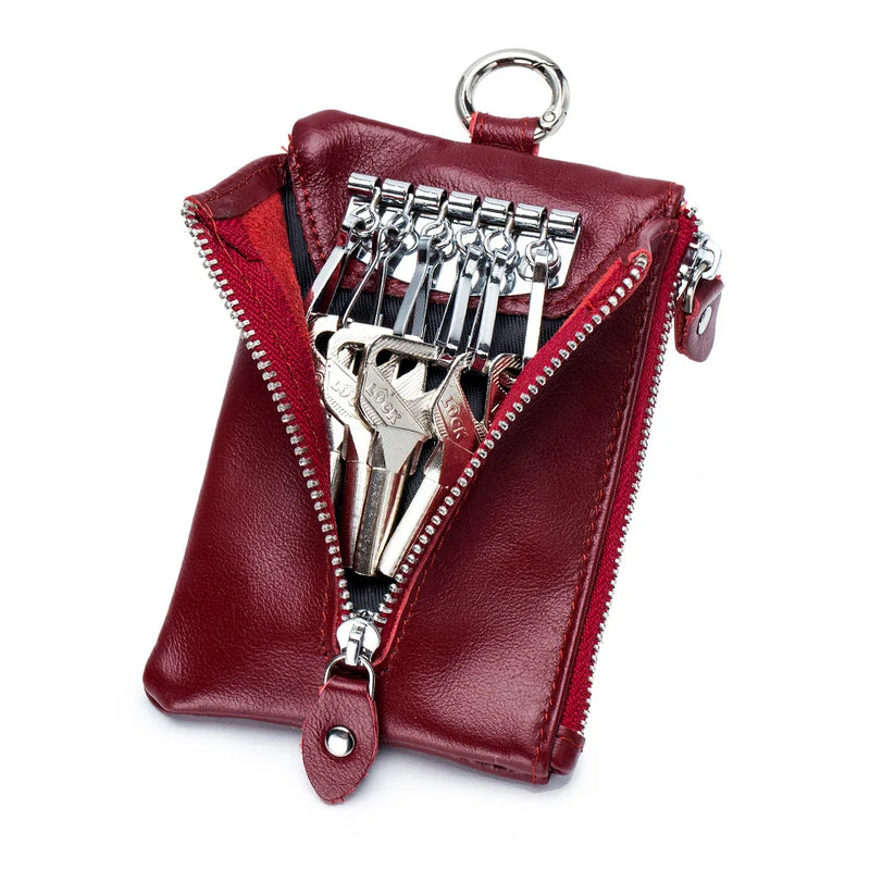Large Capacity Cowhide Leather Men Zipper Coin Pocket Key Ring Bags