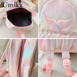 Fish Tail Girls School Backpack PU Leather Shoulder Bag for Travel