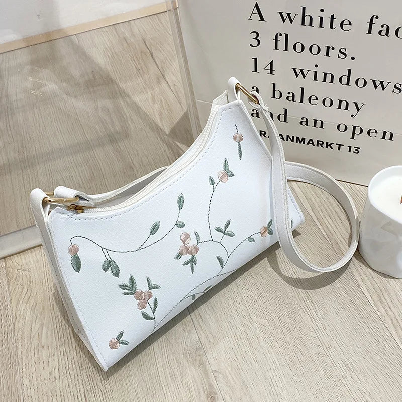 Embroidered Leather Handbag Casual Totes Shopping Bag