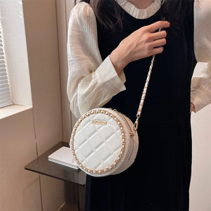 Women Round Purses Diamond Lattice Leather Shoulder Bags Mobile Phone Chain