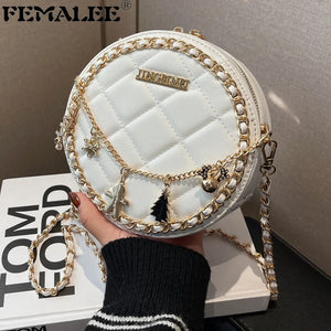 Women Round Purses Diamond Lattice Leather Shoulder Bags Mobile Phone Chain