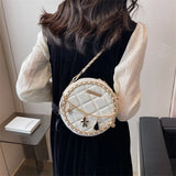 Women Round Purses Diamond Lattice Leather Shoulder Bags Mobile Phone Chain