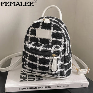 Plaid Woolen Tweed Backpack for Teenage Students