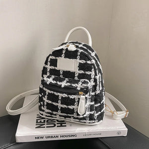 Plaid Woolen Tweed Backpack for Teenage Students