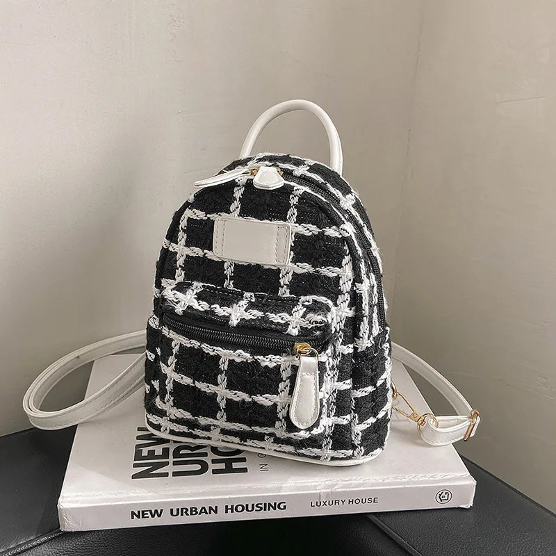 Plaid Woolen Tweed Backpack for Teenage Students