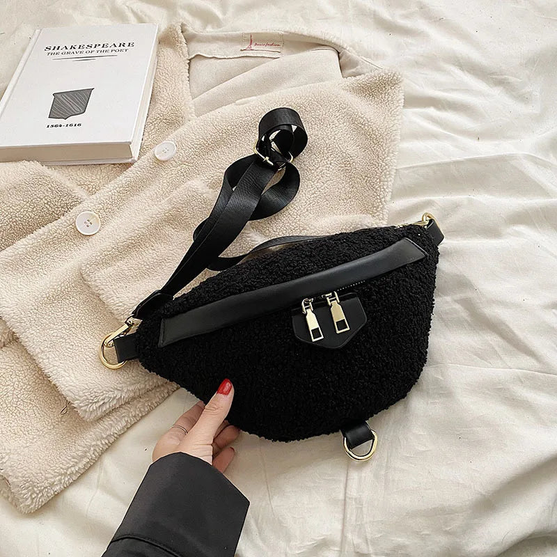 Lambswool Chest Bag Fur Shoulder Bags Fanny Pack Female Waist Pack
