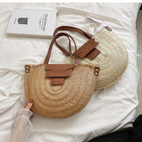 Beach Straw Bag Semi-Circle Leather Strap Shoulder Large Woven Rattan Bag