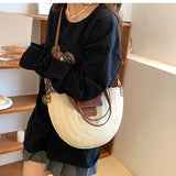 Beach Straw Bag Semi-Circle Leather Strap Shoulder Large Woven Rattan Bag