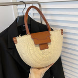 Beach Straw Bag Semi-Circle Leather Strap Shoulder Large Woven Rattan Bag