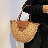 Beach Straw Bag Semi-Circle Leather Strap Shoulder Large Woven Rattan Bag