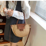 Beach Straw Bag Semi-Circle Leather Strap Shoulder Large Woven Rattan Bag