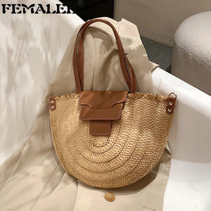Beach Straw Bag Semi-Circle Leather Strap Shoulder Large Woven Rattan Bag
