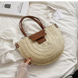 Beach Straw Bag Semi-Circle Leather Strap Shoulder Large Woven Rattan Bag