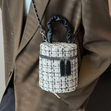 Ruched Leather Handle Bag Tweed Bucket Crossbody Wool Chunky Handbags