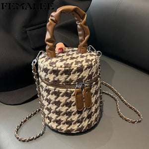 Ruched Leather Handle Bag Tweed Bucket Crossbody Wool Chunky Handbags