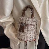 Ruched Leather Handle Bag Tweed Bucket Crossbody Wool Chunky Handbags