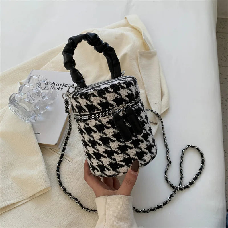 Ruched Leather Handle Bag Tweed Bucket Crossbody Wool Chunky Handbags
