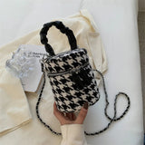 Ruched Leather Handle Bag Tweed Bucket Crossbody Wool Chunky Handbags