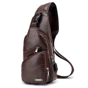 FGGS-Men's Chest Bag USB Crossbody Vintage Business Pouch Dark Brown
