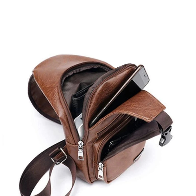FGGS-Men's Chest Bag USB Crossbody Vintage Business Pouch Dark Brown