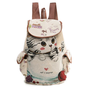 Flying Birds Cat Backpack Canvas Book Bag Drawstring Backpacks For Teenage Girls