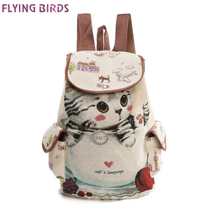 Flying Birds Cat Backpack Canvas Book Bag Drawstring Backpacks For Teenage Girls