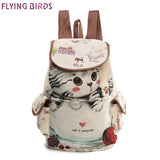 Flying Birds Cat Backpack Canvas Book Bag Drawstring Backpacks For Teenage Girls