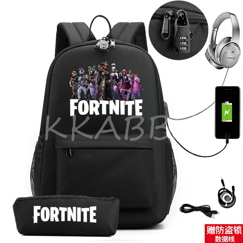FORTNITES Anti Theft USB Backpack Waterproof School Bag