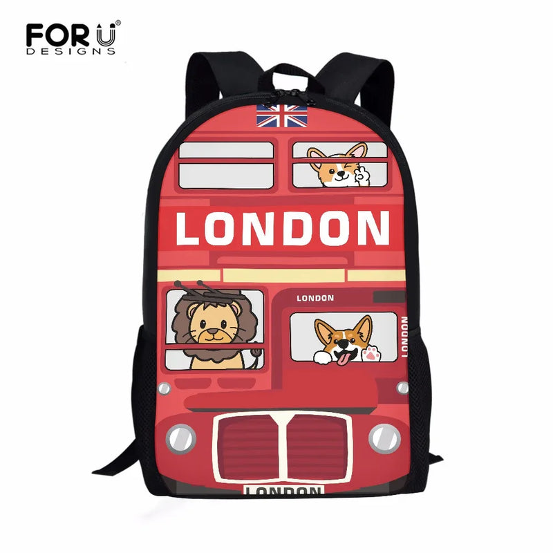 London Kids School Backpack with Cartoon School Bus Design