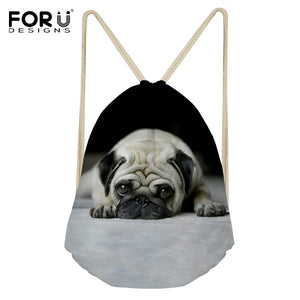 Lazy Pug Dog Pattern Drawstring Bag Shoulder Backpack Travel Storage Bag