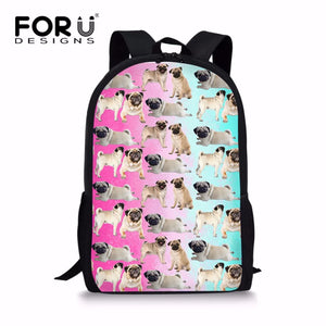 Multicolor Puppy Pug Dog School Bag for Girls 16inch Children Bookbag