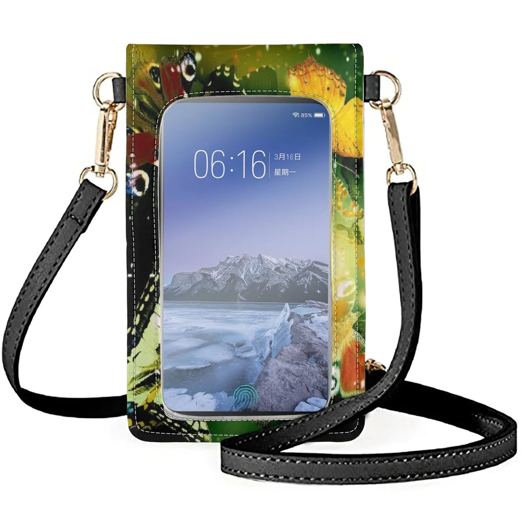 Vintage Butterfly Insect Lady Cell Phone Bag Crossbody Woman Cellphone Handbags