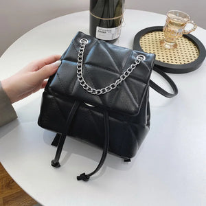 Female Backpack PU Leather Women Backpack Travel School Bag Chain Thread