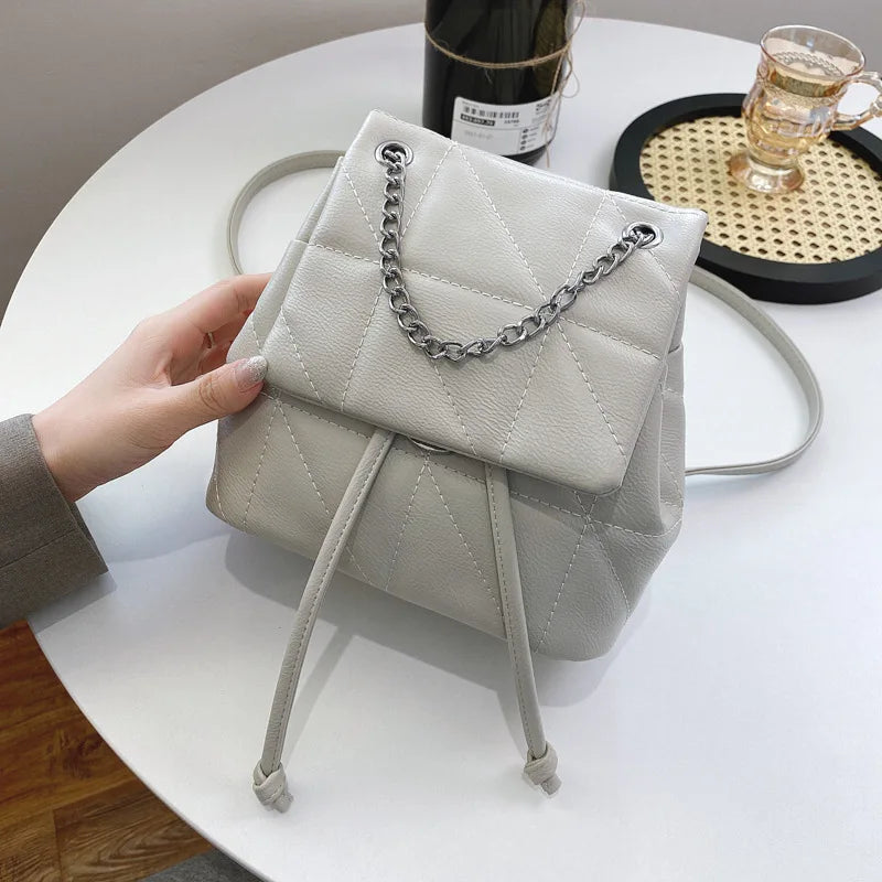 Female Backpack PU Leather Women Backpack Travel School Bag Chain Thread
