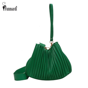 Pleated Stripe Bucket Bag Women Shoulder Bag PU Leather Crossbody Bags