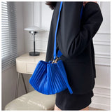 Pleated Stripe Bucket Bag Women Shoulder Bag PU Leather Crossbody Bags