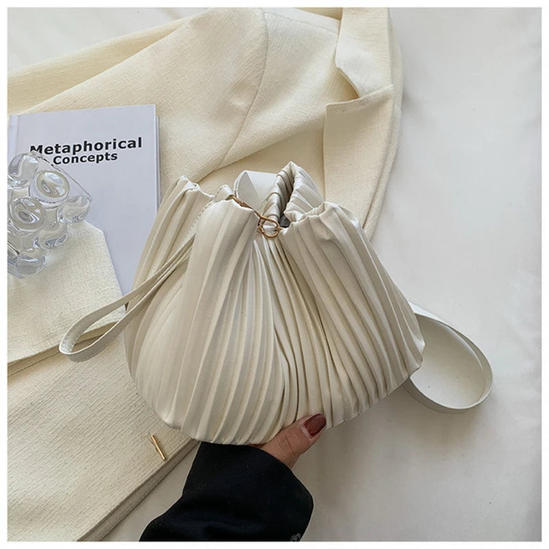 Pleated Stripe Bucket Bag Women Shoulder Bag PU Leather Crossbody Bags