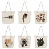 Fabric Shoulder Bag Grocery Tote Bags Cartoon Cat Print Women Shopping Bag