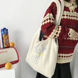 Embroidery Canvas Tote Shoulder Bag Large Capacity Shopping Bag